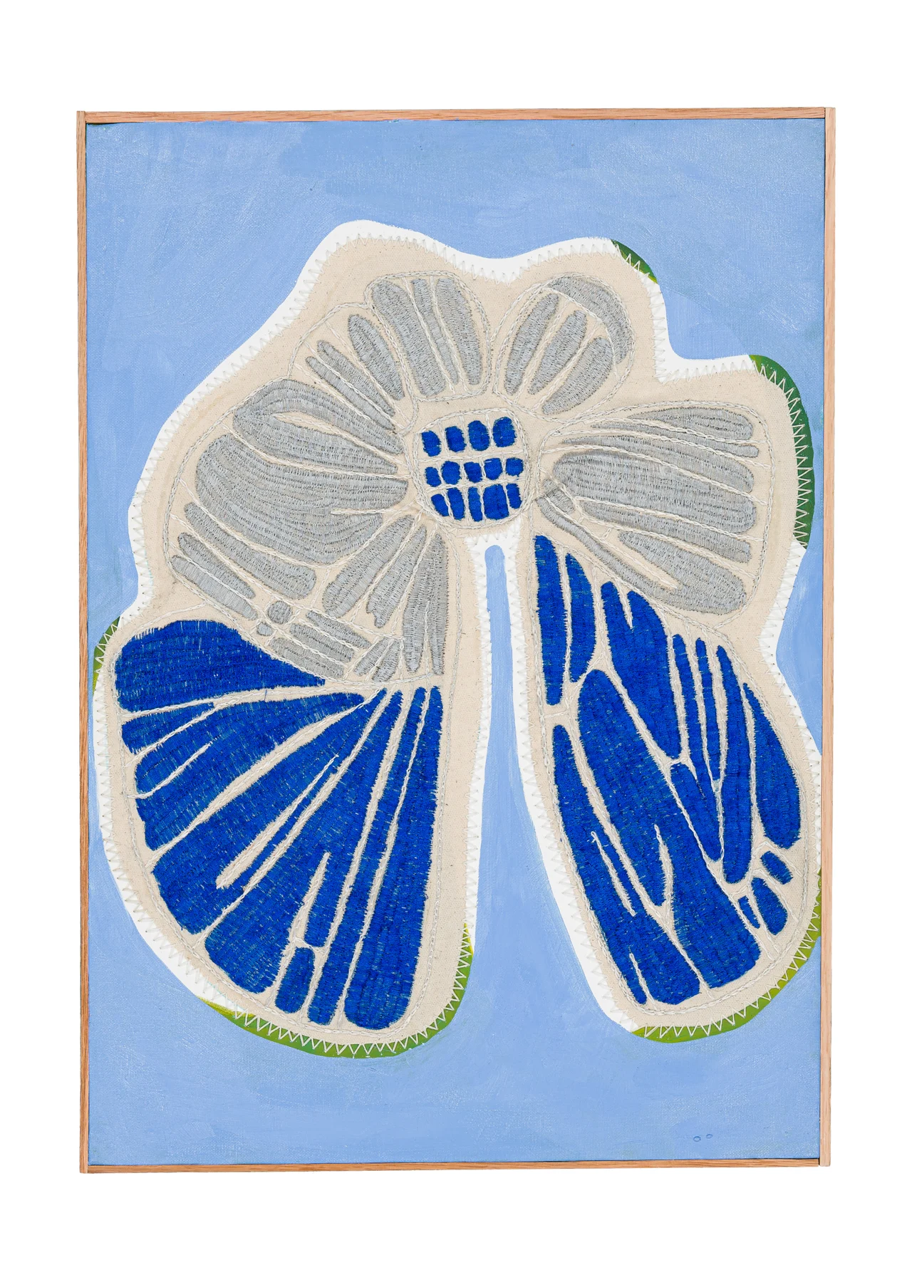Studio Mogador 1947 - Dénouement 3, 2025. Oil painting and embroidery on sewn cotton. 56 x 40 cm. Margaux Derhy