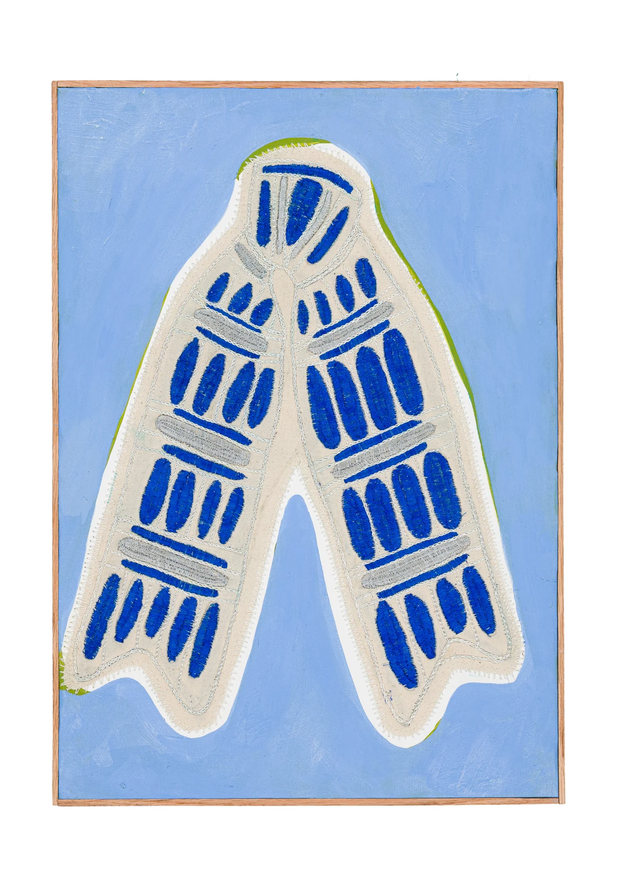 Studio Mogador 1947 - Dénouement 5, 2025. Oil painting and embroidery on sewn cotton. 56 x 40 cm. Margaux Derhy