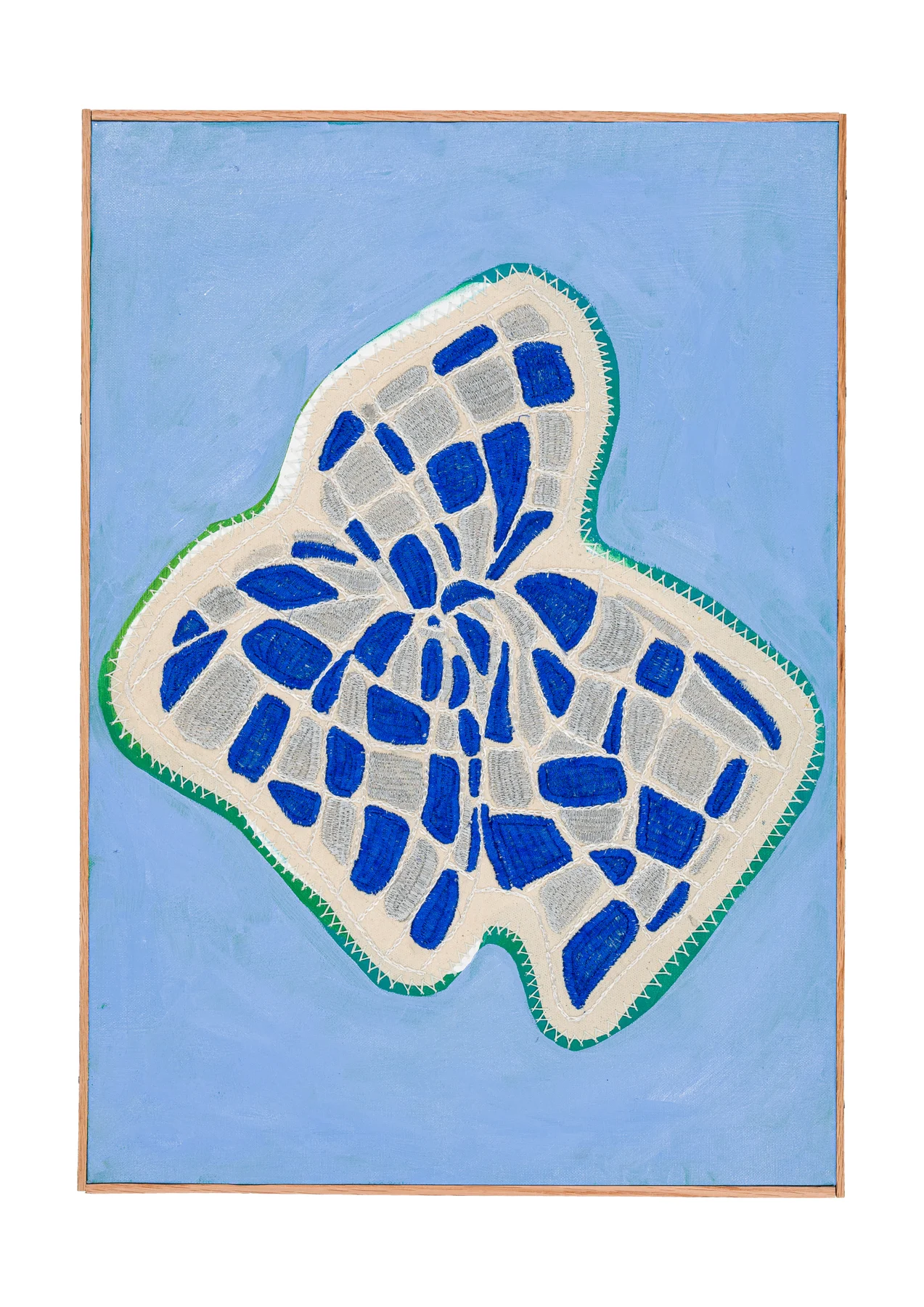 Studio Mogador 1947 - Dénouement 4, 2025. Oil painting and embroidery on sewn cotton. 56 x 40 cm. Margaux Derhy