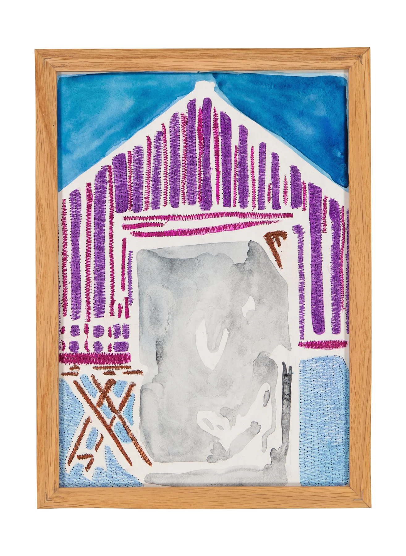 A mother's solace 2, 2024. Watercolor, ink and embroidery on paper - custom-made oak frame with museum-grade glass (UV-protective and anti-reflective). 32 x 24 cm. Margaux Derhy