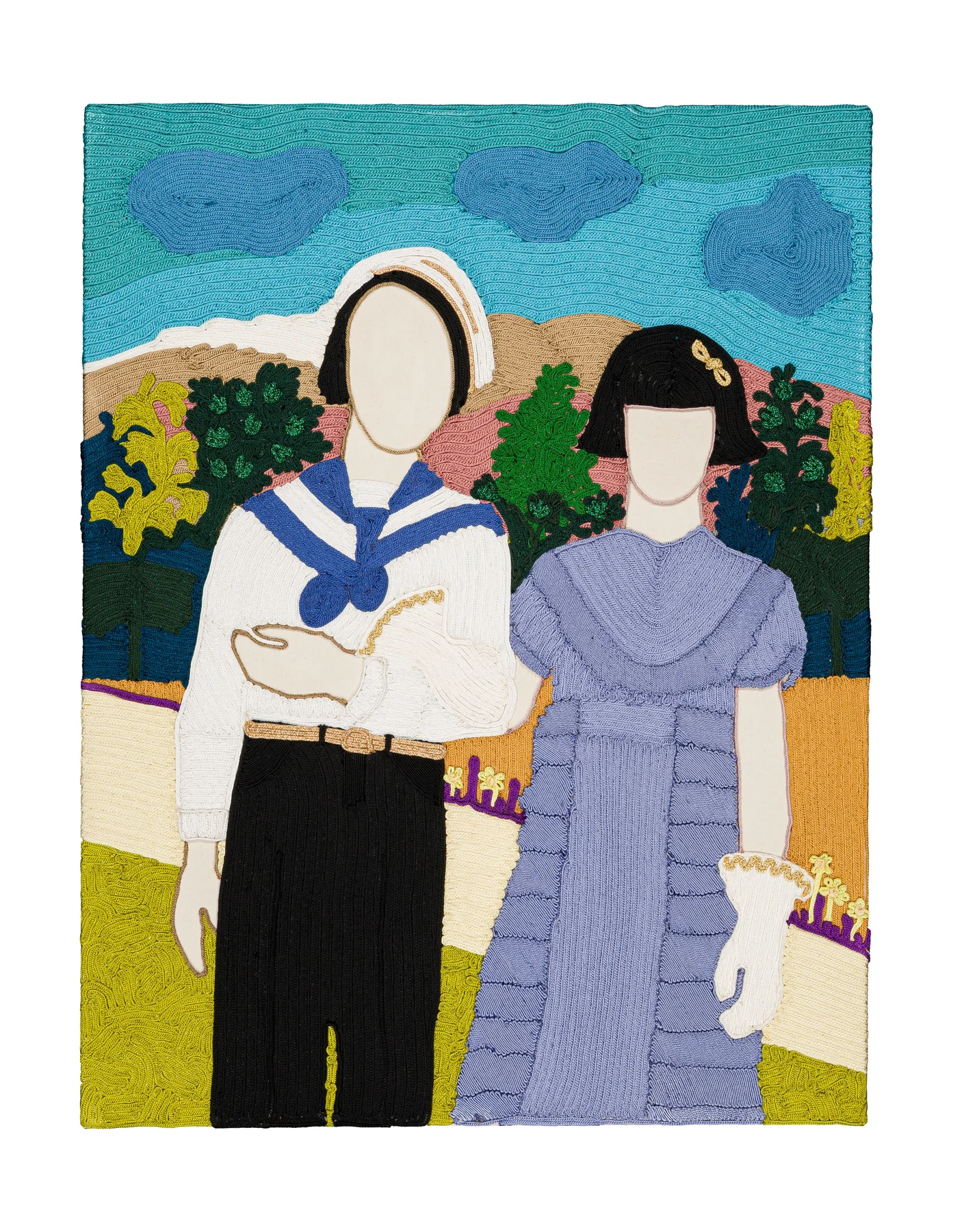 Archive de la tendresse masculine - To the one I love 3, 2025. Sfiffa embroidered by hand on cotton. 70 x 90 cm. Margaux Derhy