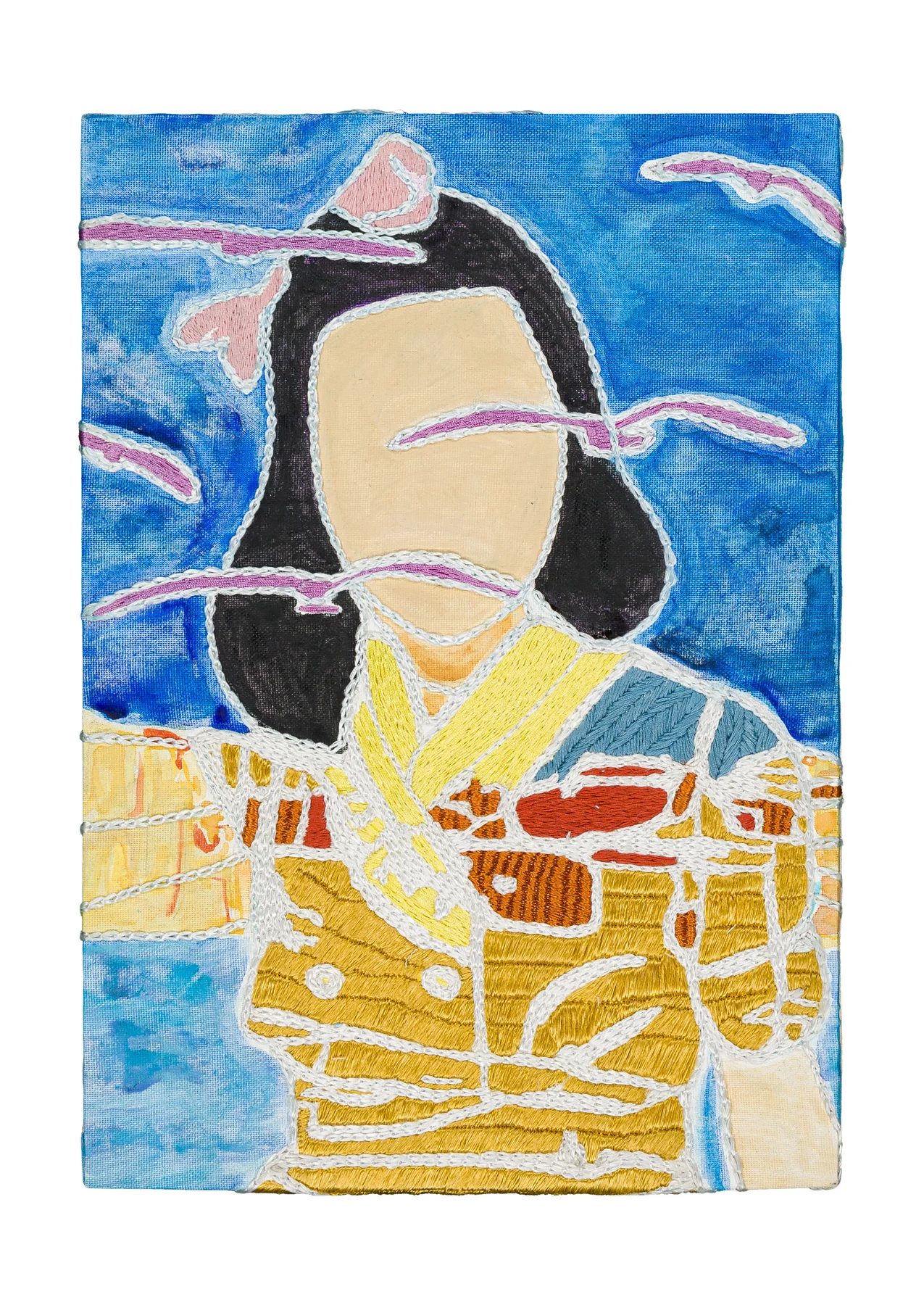 Studio Mogador 1947 - Prélude 3, 2025. Painting and Embroidery on cotton. 24 x 35 cm. Margaux Derhy