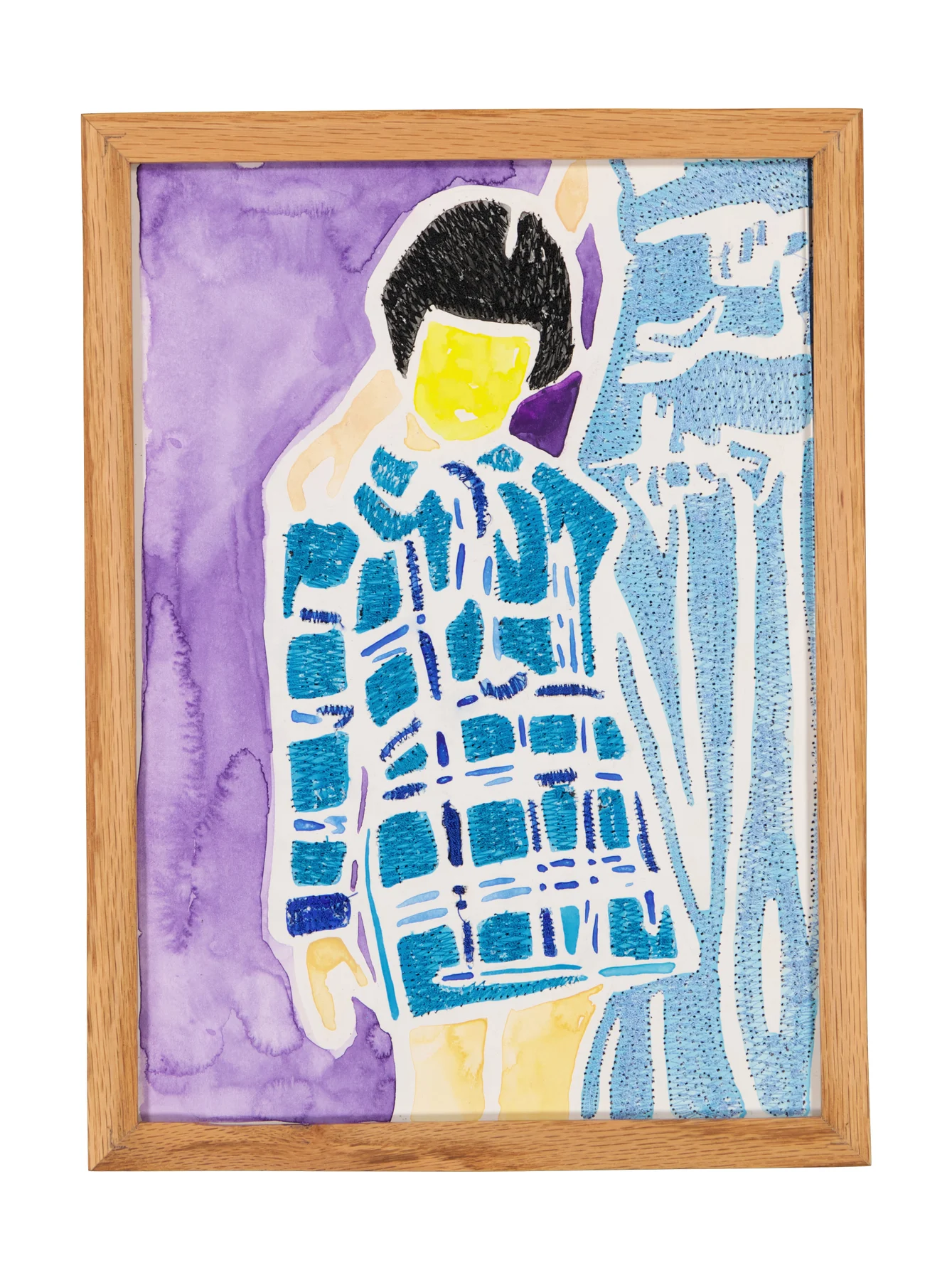 A mother's solace 4, 2024. Watercolor, ink and embroidery on paper - custom-made oak frame with museum-grade glass (UV-protective and anti-reflective). 24 x 32 cm. Margaux Derhy
