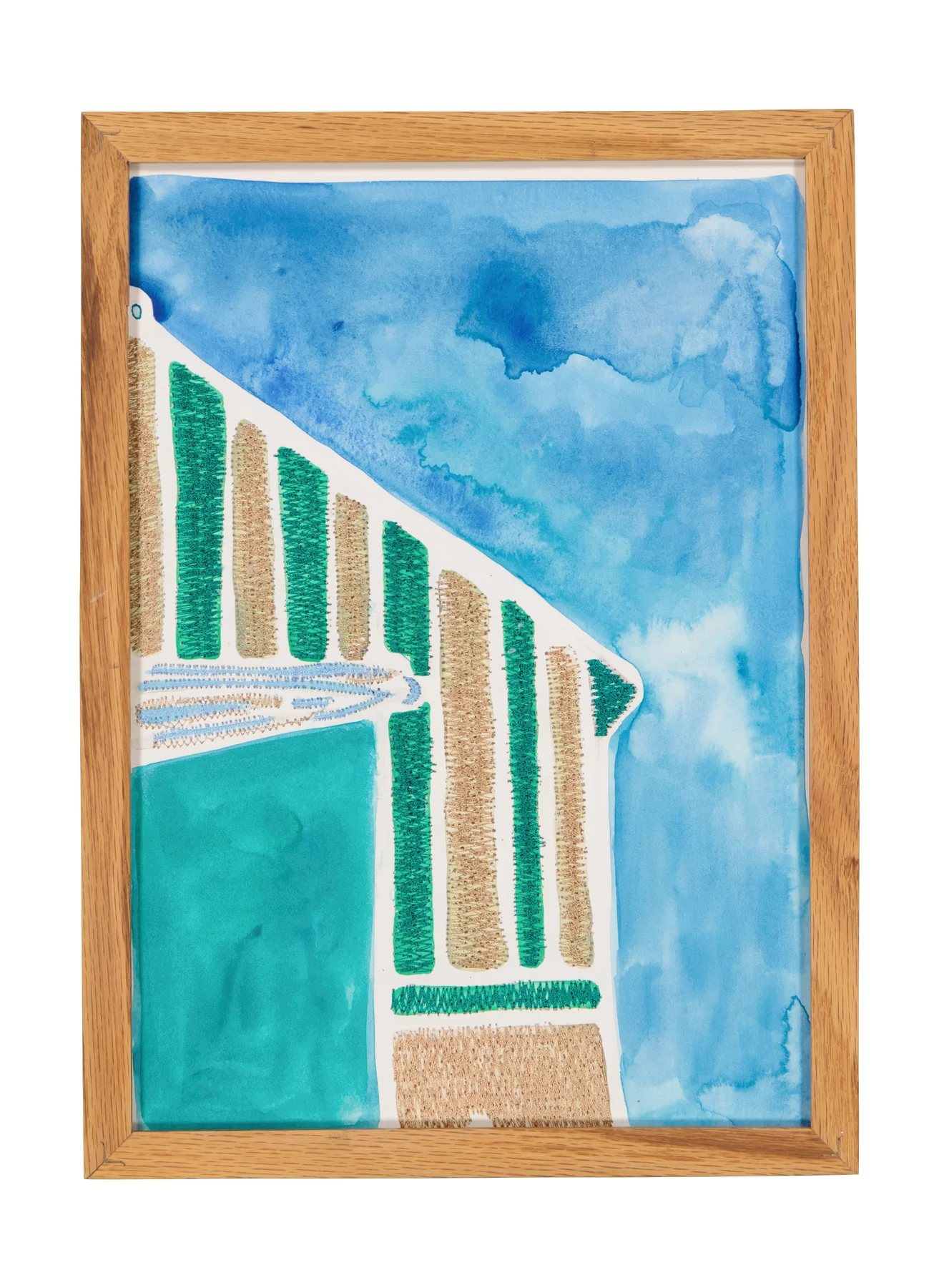 A mother's solace 13, 2024. Watercolor, ink and embroidery on paper - custom-made oak frame with museum-grade glass (UV-protective and anti-reflective). 32 x 24 cm. Margaux Derhy