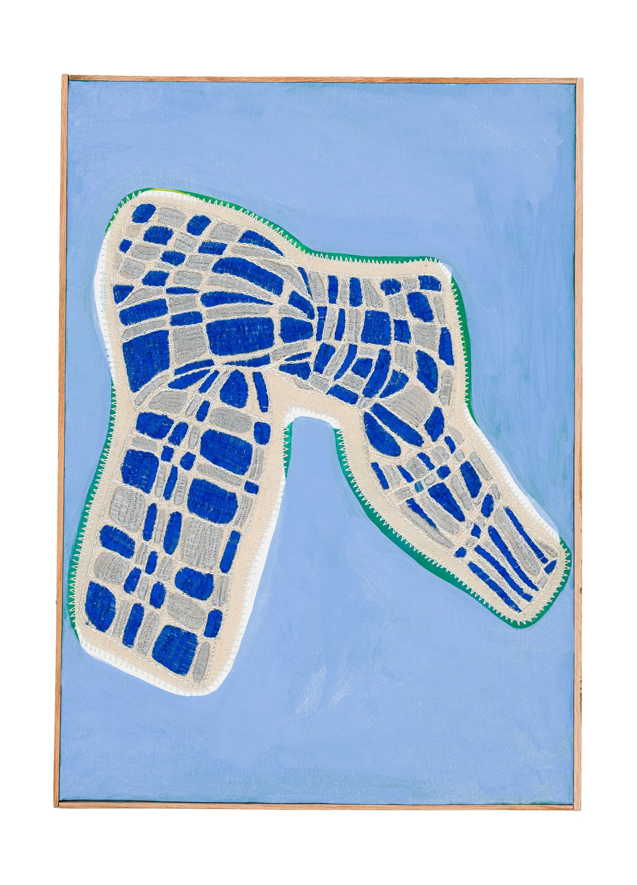 Studio Mogador 1947 - Dénouement 1, 2025. Oil painting and embroidery on sewn cotton. 56 x 40 cm. Margaux Derhy