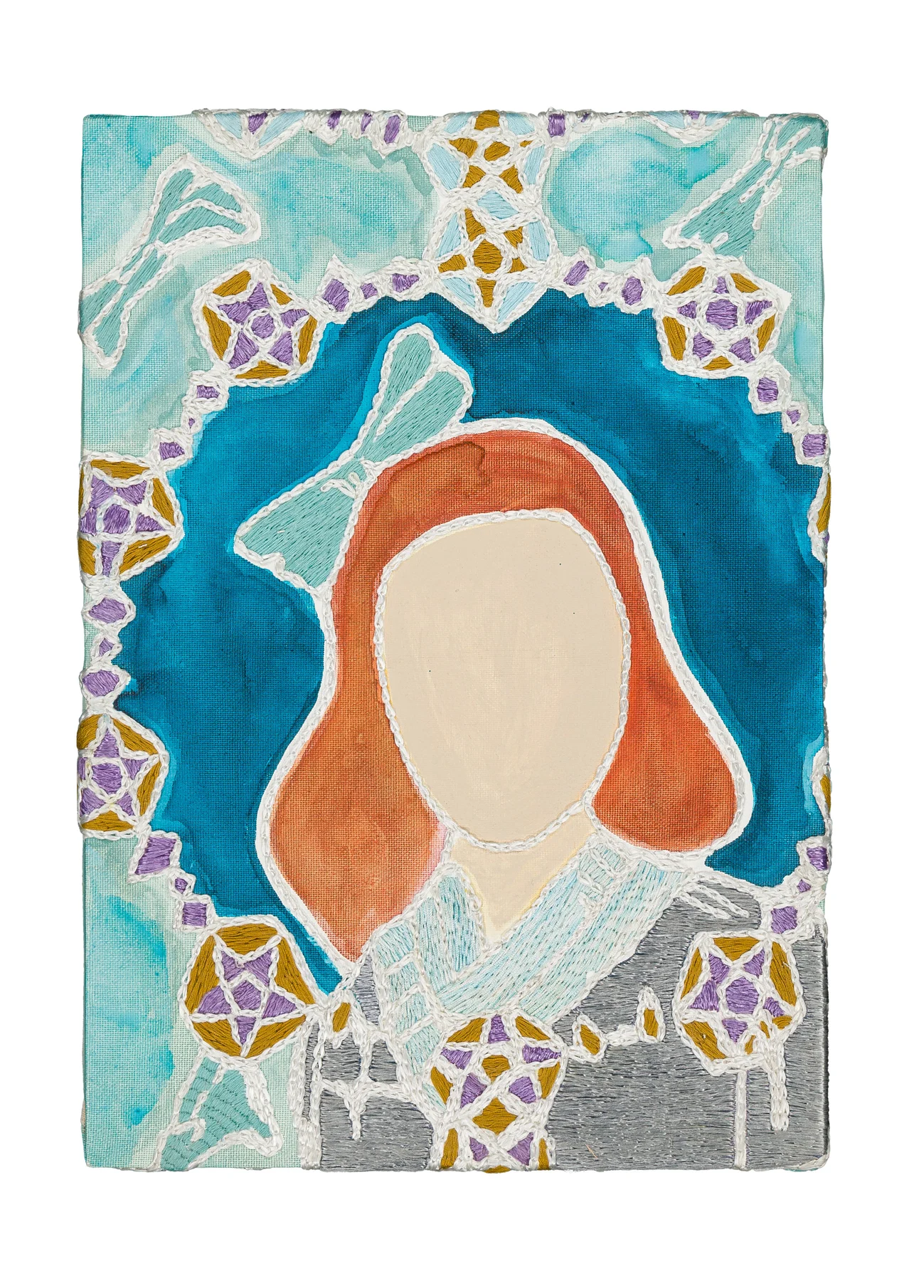 Studio Mogador 1947 - Prélude 4, 2025. Painting and Embroidery on cotton. 24 x 35 cm. Margaux Derhy