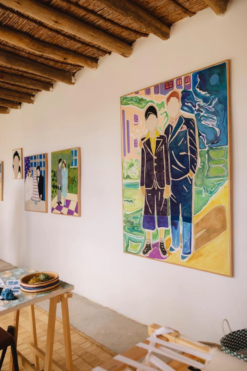 Deux garçons en costume, 2025. Watercolor on canvas, embroidery pattern sewn by sewing machine, then embroidered by hand. 150 x 120 cm. Margaux Derhy