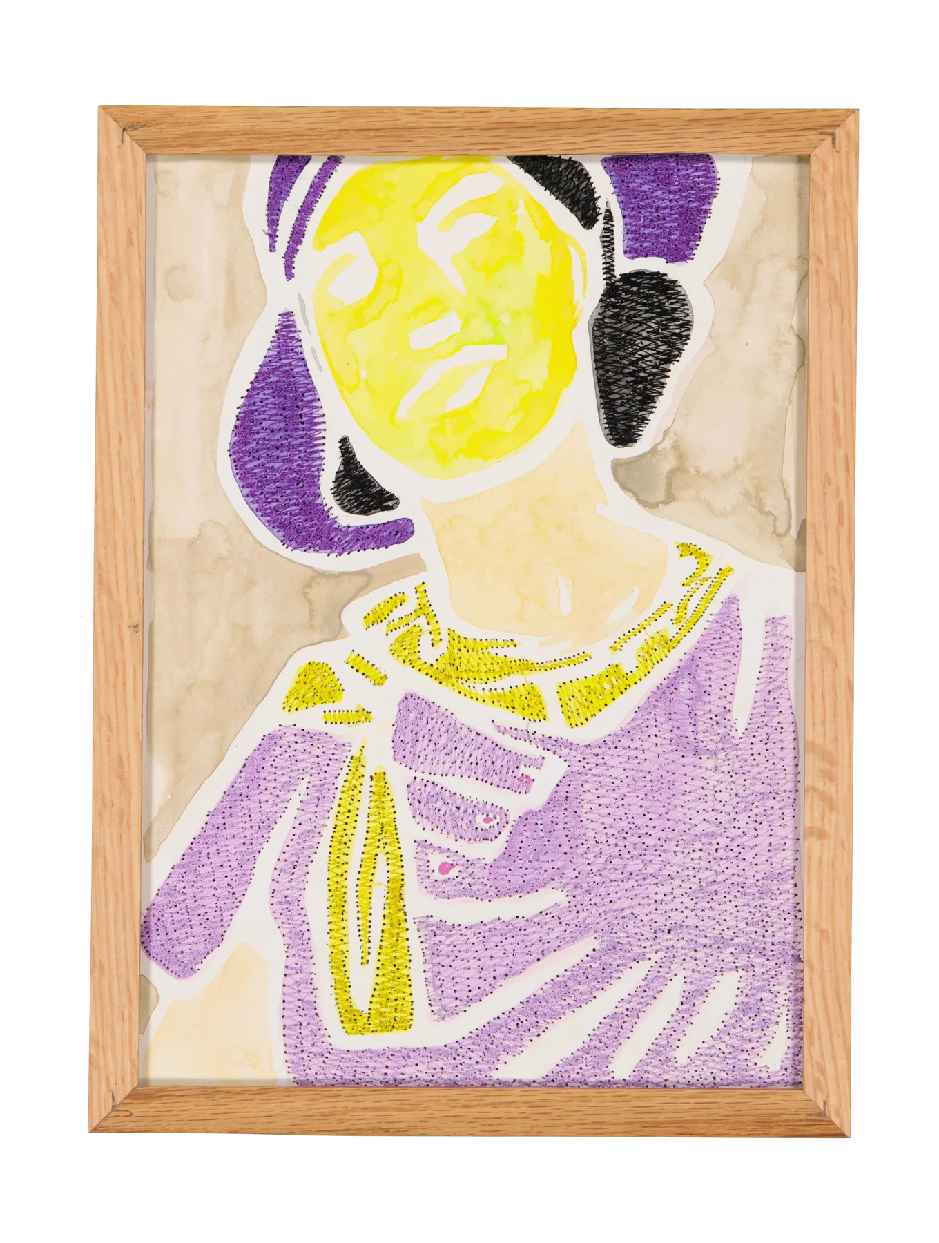 A mother's solace 12, 2024. Watercolor, ink and embroidery on paper - custom-made oak frame with museum-grade glass (UV-protective and anti-reflective). 24 x 32 cm. Margaux Derhy
