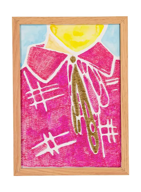 A mother's solace 10, 2024. Watercolor, ink and embroidery on paper - custom-made oak frame with museum-grade glass (UV-protective and anti-reflective). Margaux Derhy