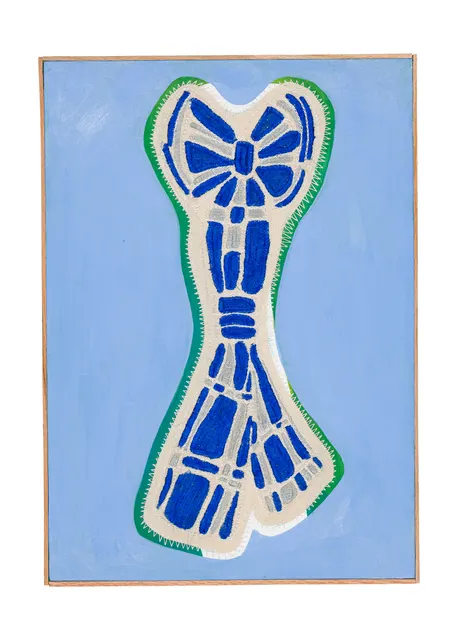 Studio Mogador 1947 - Dénouement 2, 2025. Oil painting and embroidery on sewn cotton. Margaux Derhy
